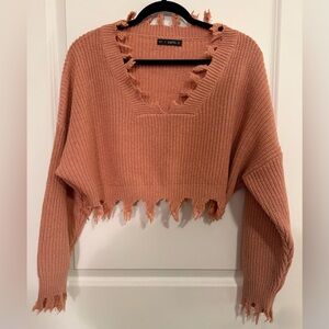 Zaful V-Neck Distressed Sweater - Coral